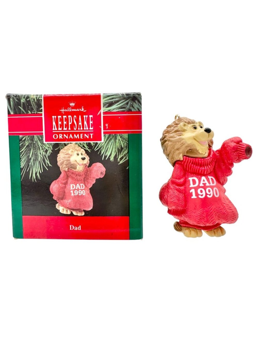 Hallmark Keepsake Ornament Dad 1990 Handcrafted Lion In Red Sweater Vintage